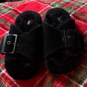 UGG Black Suede Fuzzy Slides